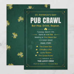 St Patrick's Day Pub Crawl Itinerary Vintage Green Invitation