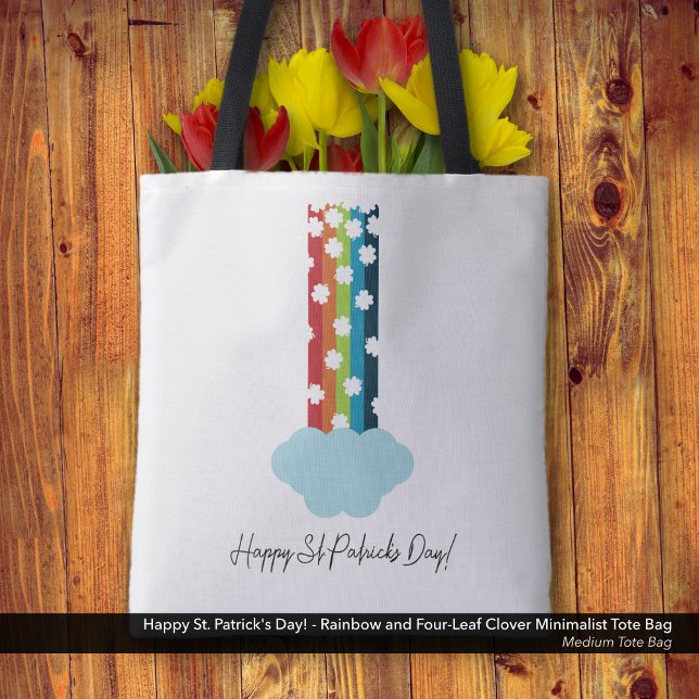 St. Patrick's Day Rainbow 4-Leaf Clover Minimalist Tote Bag (Happy St. Patrick's Day! Minimalist Tote Bag with a Rainbow and Four-Leaf Clover Design.)