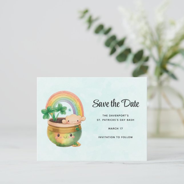St. Patrick's Day Rainbow & Clover Save the Date Invitation Postcard (Standing Front)
