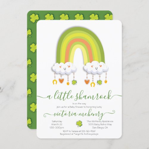 St Patricks Day Rainbow Shamrock Baby Shower Invitation