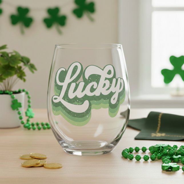 St Patrick's Day Retro Lucky Stemless Wine Glass (St Patrick's Day Retro Lucky Stemless Wine Glass)