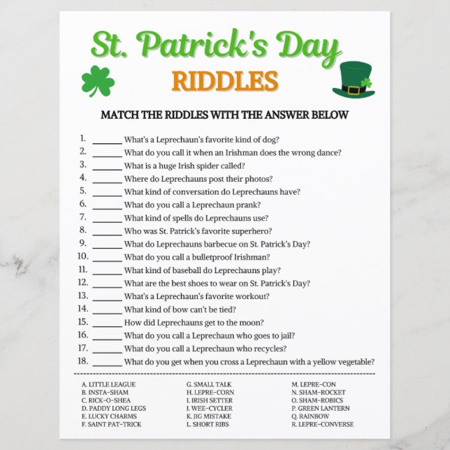 St. Patrick's Day Riddles Game (Front)