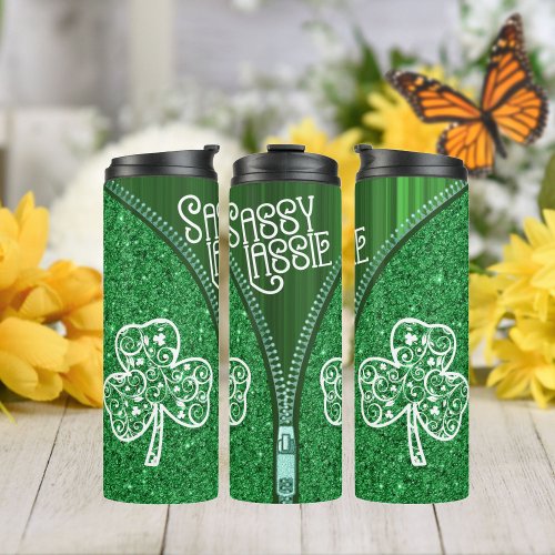 St Patricks Day Sassy Lassie Green Glitter Thermal Tumbler