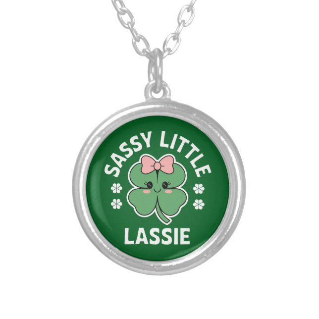 St Patricks Day Sassy Little Lassie Kids Girl Silver Plated Necklace (Front)