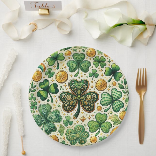 St. Patrick's Day Shamrock and Gold Pattern Paper Plates (Wedding)