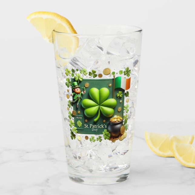 St. Patrick's Day Shamrock and Leprechaun Pint Glass (Front Ice)