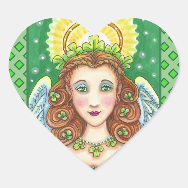 ST. PATRICK'S DAY SHAMROCK ANGEL, IRISH BLESSINGS HEART STICKER (Front)