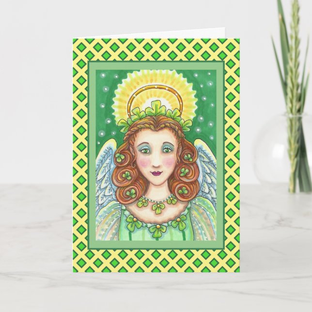 ST. PATRICK'S DAY SHAMROCK ANGEL, IRISH BLESSINGS HOLIDAY CARD (Front)
