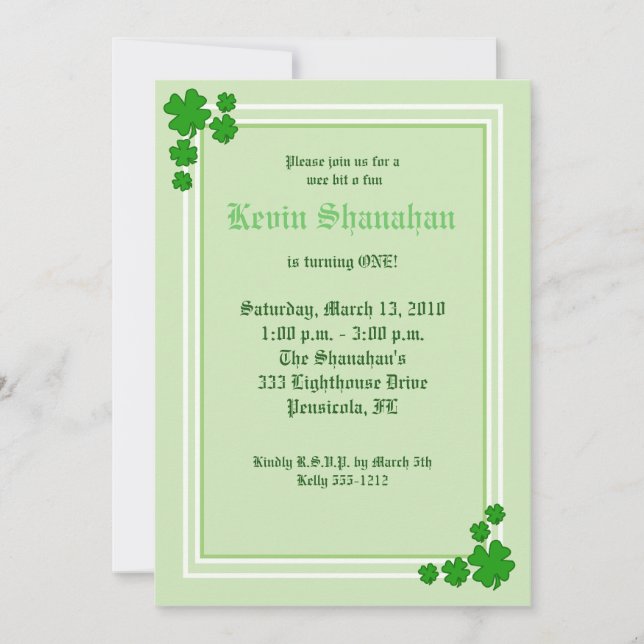 St. Patrick's Day Shamrock Birthday Invitation 5x7 (Front)