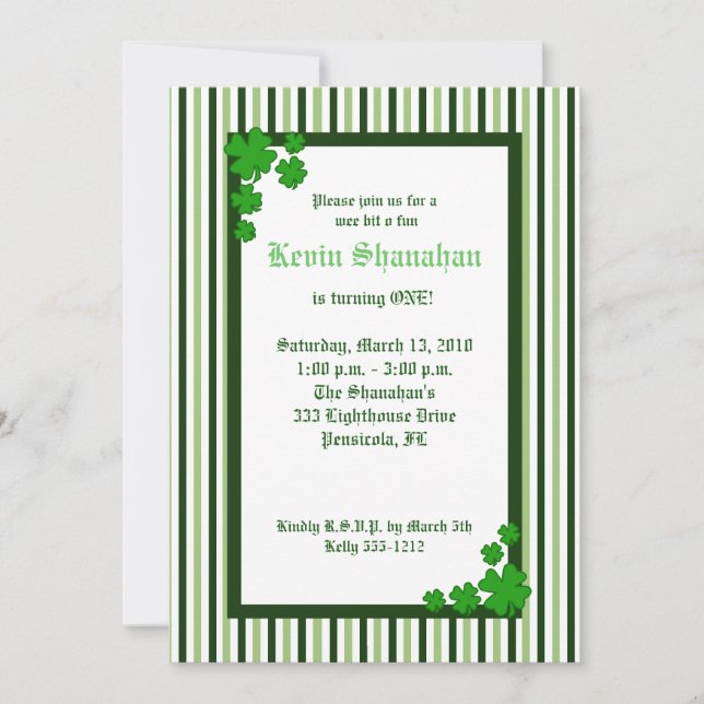 St. Patrick's Day Shamrock Birthday Invitation 5x7 (Front)