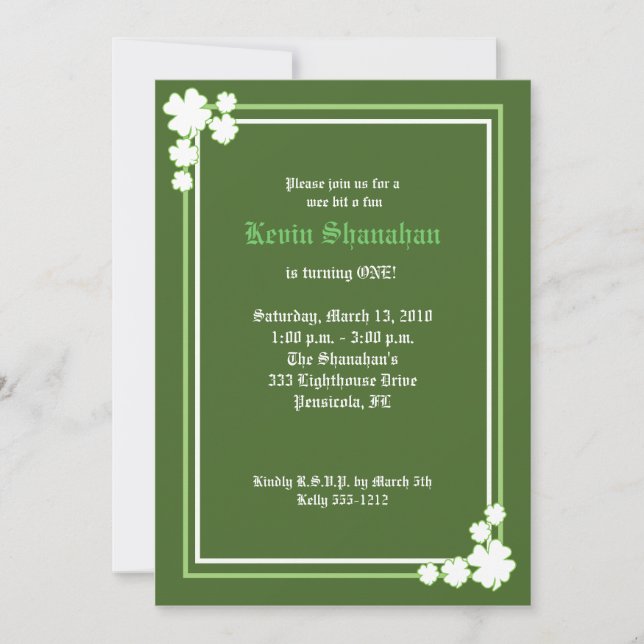 St. Patrick's Day Shamrock Birthday Invitation 5x7 (Front)