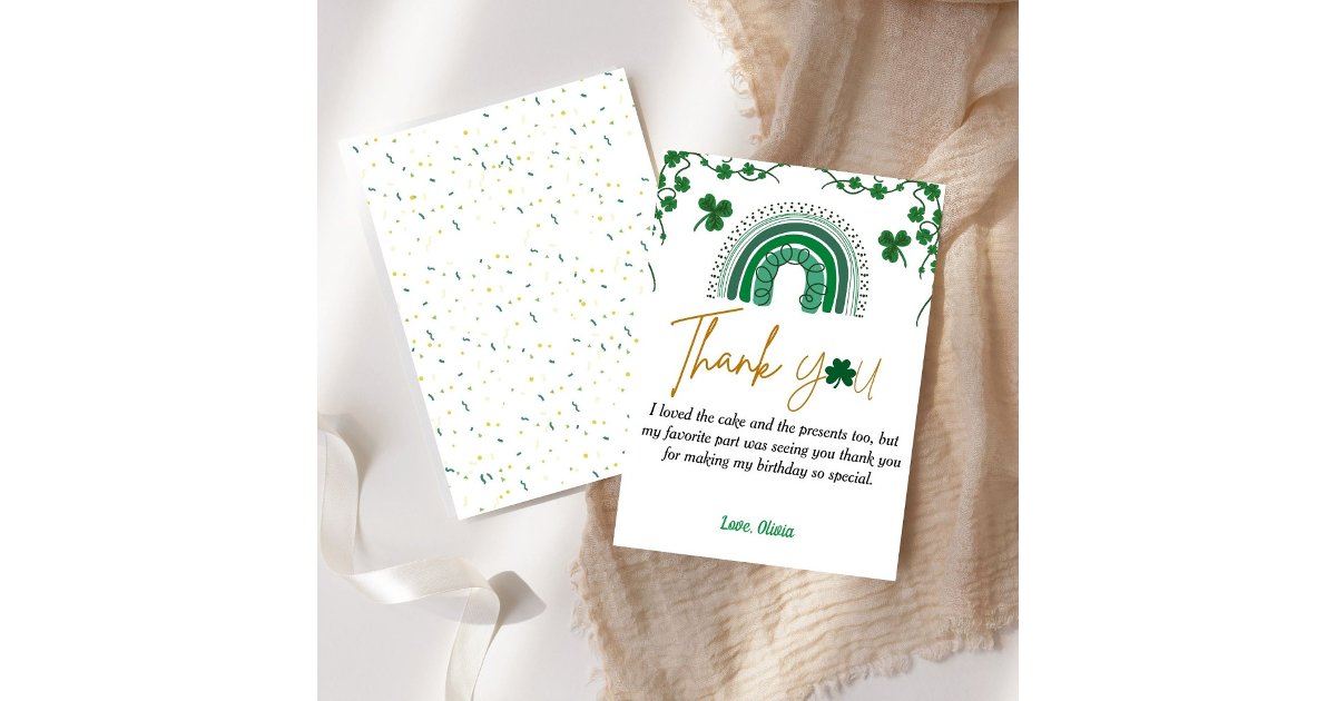 St patrick's day shamrock birthday thank you card | Zazzle