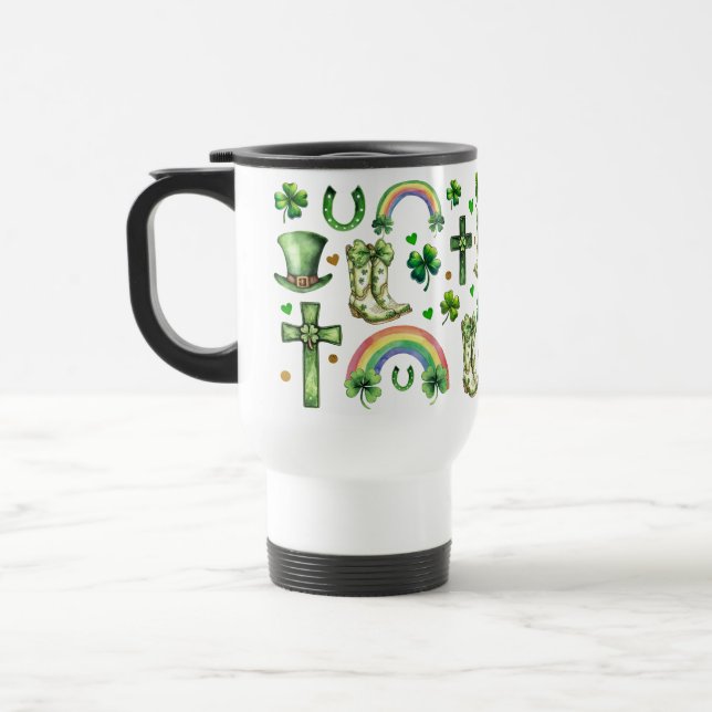 St. Patrick's Day Shamrock Clover – Lucky & Festiv Travel Mug (Left)