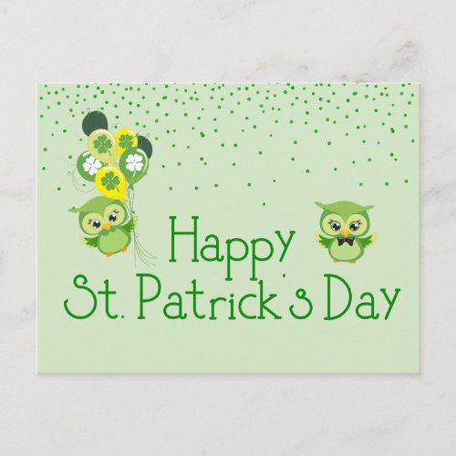St Patricks Day Shamrock Cute Green Owls Postcard