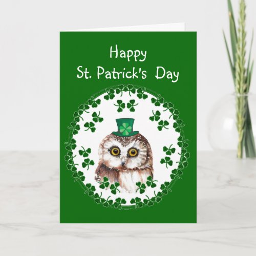 St Patricks Day Shamrock Cute Owl wisdom  Luck Card