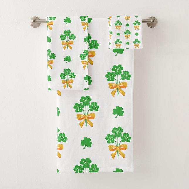 St. Patrick's Day Shamrock Golden Bow Green Clover Bath Towel Set (Insitu)
