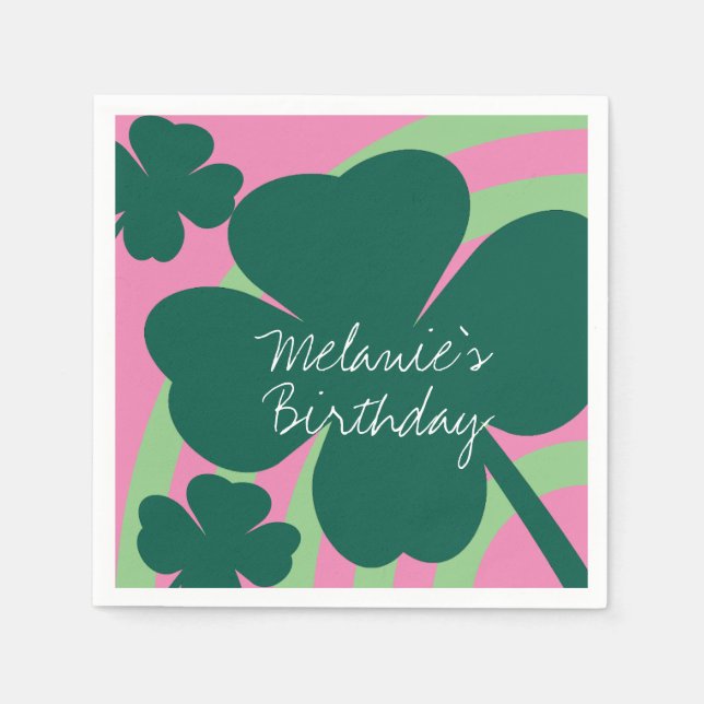 St Patricks Day Shamrock Green Rainbow Pink Party Napkins (Front)