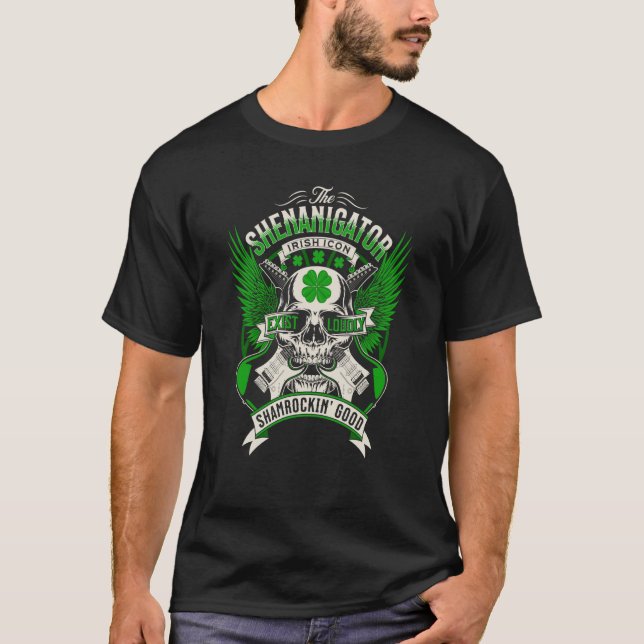 St Patricks Day Shamrock Guitar Rock N Roll Skull  T-Shirt (Front)