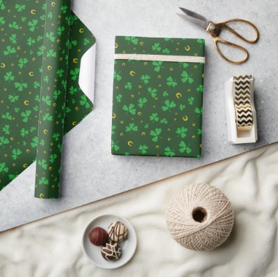 St. Patricks Day Shamrock &amp; Horseshoes Green Gold Wrapping Paper
