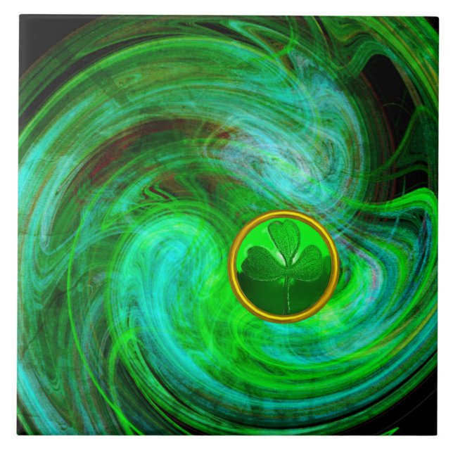 ST PATRICKS DAY SHAMROCK IN BLUE GREEN FRACTALS CERAMIC TILE (Front)