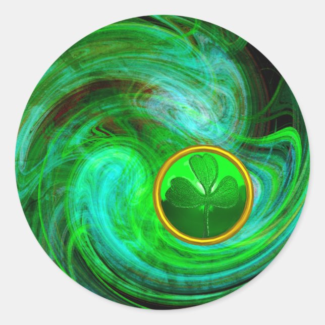 ST PATRICKS DAY SHAMROCK IN BLUE GREEN FRACTALS CLASSIC ROUND STICKER (Front)