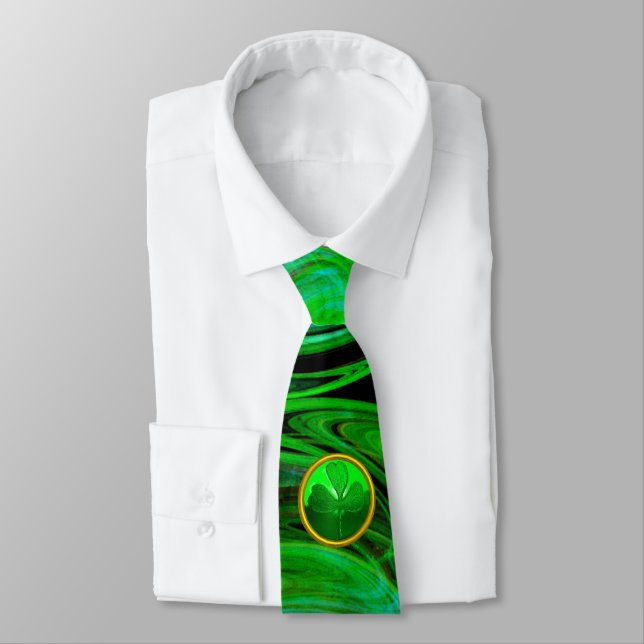 ST PATRICKS DAY SHAMROCK IN BLUE GREEN FRACTALS NECK TIE (Tied)