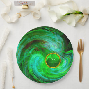 ST PATRICKS DAY SHAMROCK IN BLUE GREEN FRACTALS PAPER PLATES