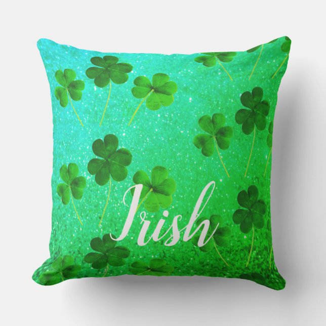 St Patrick's Day Shamrock Leaf Glitter Green Ombre Outdoor Pillow (Front)