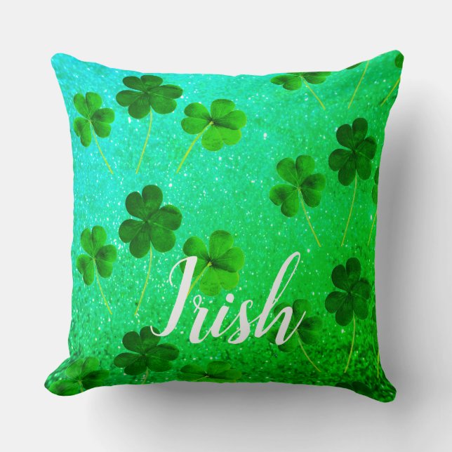 St Patrick's Day Shamrock Leaf Glitter Green Ombre Throw Pillow (Front)