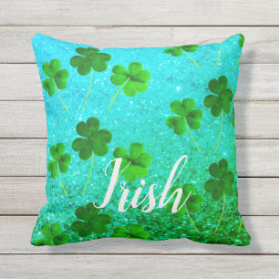 St Patrick's Day Shamrock Leaf Glittery Blue Green Outdoor Pillow