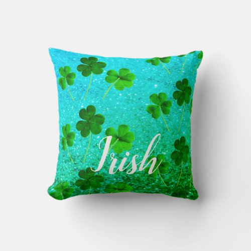 St Patricks Day Shamrock Leaf Glittery Blue Green Throw Pillow