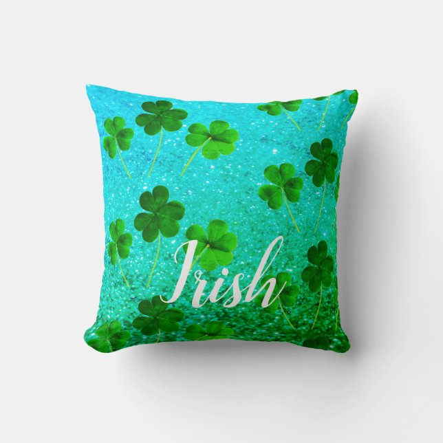 St Patrick's Day Shamrock Leaf Glittery Blue Green Throw Pillow (Front)