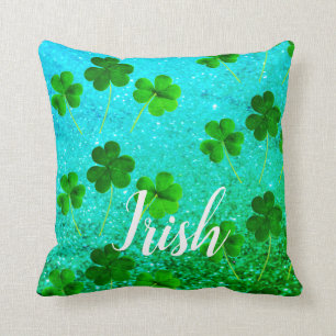 St Patrick's Day Shamrock Leaf Glittery Blue Green Throw Pillow