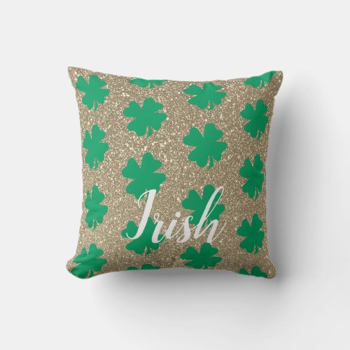 St Patricks Day Shamrock Leaf Green Gold Glitter Throw Pillow