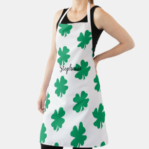 St Patrick's Day Shamrock Leaf Green White 2024 Apron