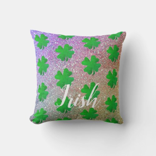 St Patricks Day Shamrock Leaf Pink Purple Glitter Outdoor Pillow