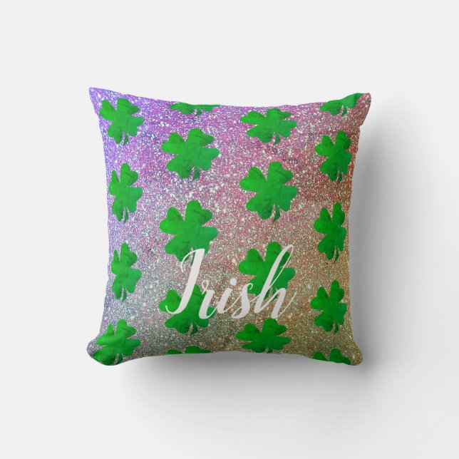 St Patrick's Day Shamrock Leaf Pink Purple Glitter Throw Pillow (Front)