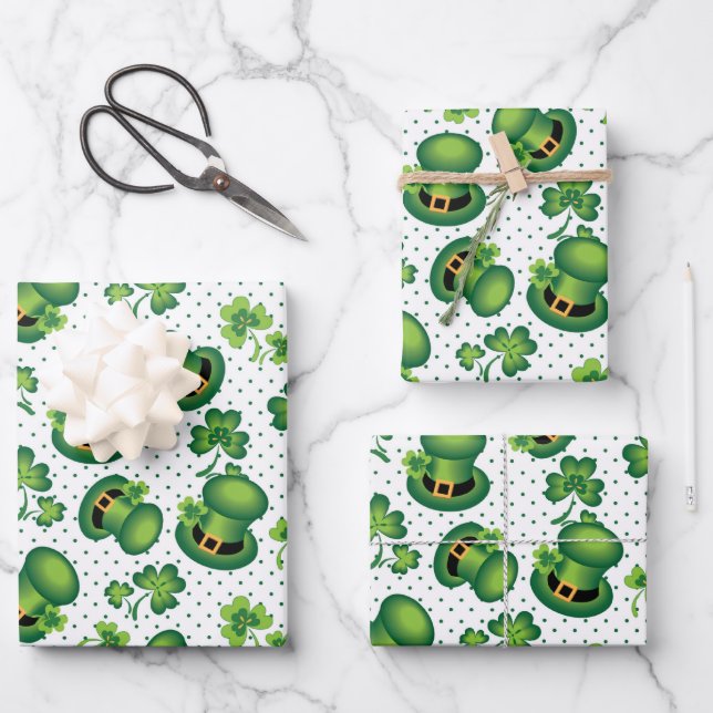St. Patrick's Day Shamrock Leprechaun's Hat Green Wrapping Paper Sheets (Front)