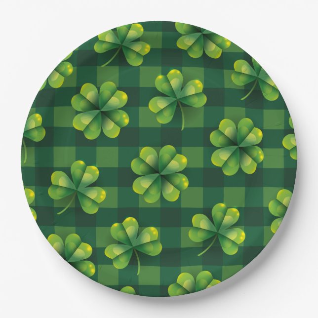 St. Patrick's Day Shamrock Plaid Paper Plates (Front)