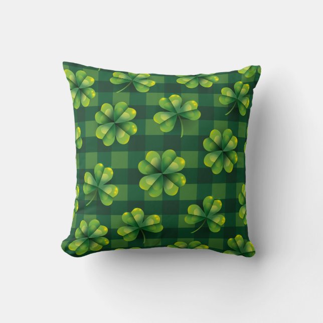 St. Patrick's Day Shamrock Plaid Throw Pillow (Front)