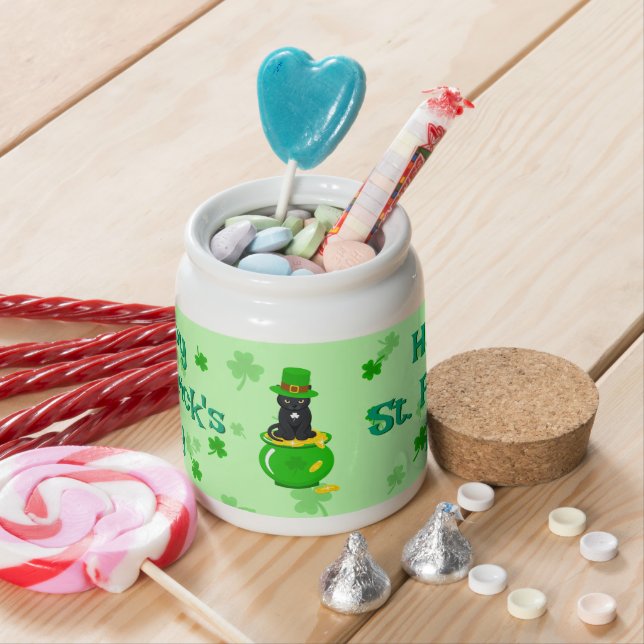 St. Patrick's Day Shamrock Pot of Gold Black Cat Candy Jar (In Situ)