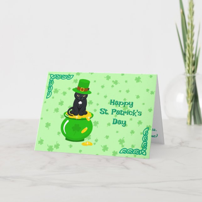 St. Patrick's Day Shamrock Pot of Gold Black Cat Card (Front)