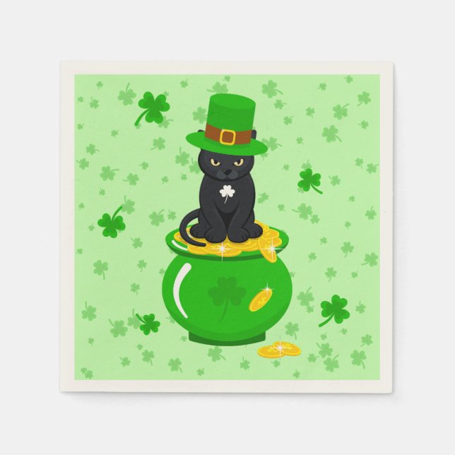 St. Patrick's Day Shamrock Pot of Gold Black Cat Napkins (Front)
