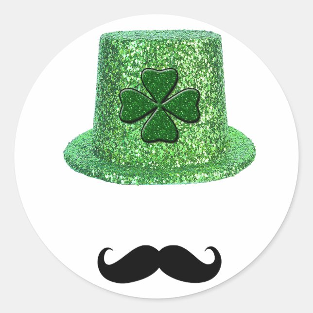 St. Patrick's Day Shamrock Sparkle Hat & Mustache Classic Round Sticker (Front)