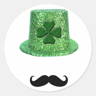 St. Patrick's Day Shamrock Sparkle Hat & Mustache Classic Round Sticker