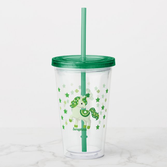 St. Patrick's Day shamrock & stars cute unicorn  Acrylic Tumbler (Front)