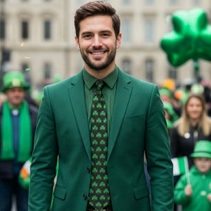 St. Patrick's Day Shamrock Tie, Green on Black Neck Tie