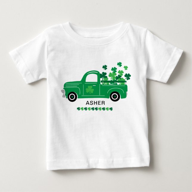 St. Patrick's Day Shamrock Truck Personalized Name Baby T-Shirt (Front)