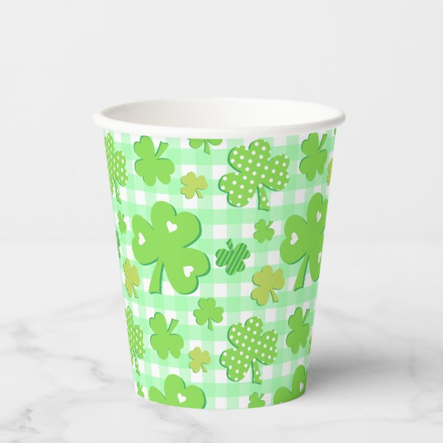 St Patrick's Day Shamrocks and Gingham Pattern Paper Cups (Front)