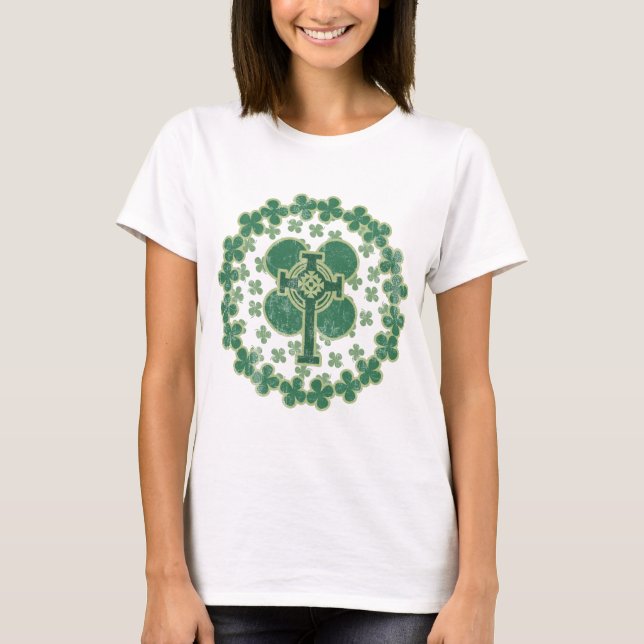 St Patricks Day Shamrocks Cross Distressed T-Shirt (Front)